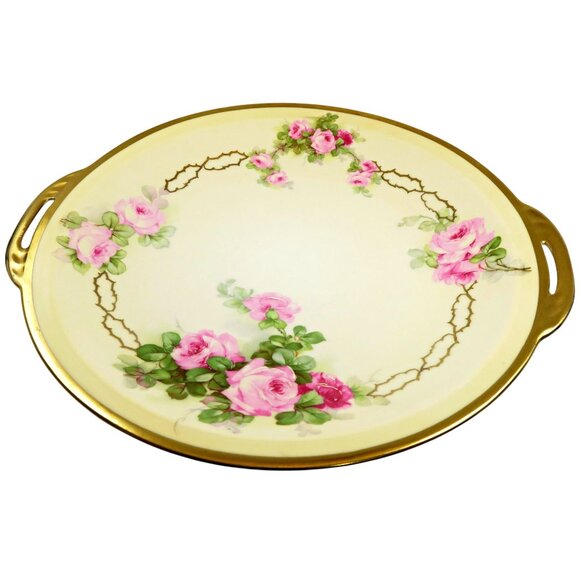 Royal Rudolstadt Prussia 11" Hand-Painted Rose, Handled Serving Plate, Gold Trim - Picture 2 of 5